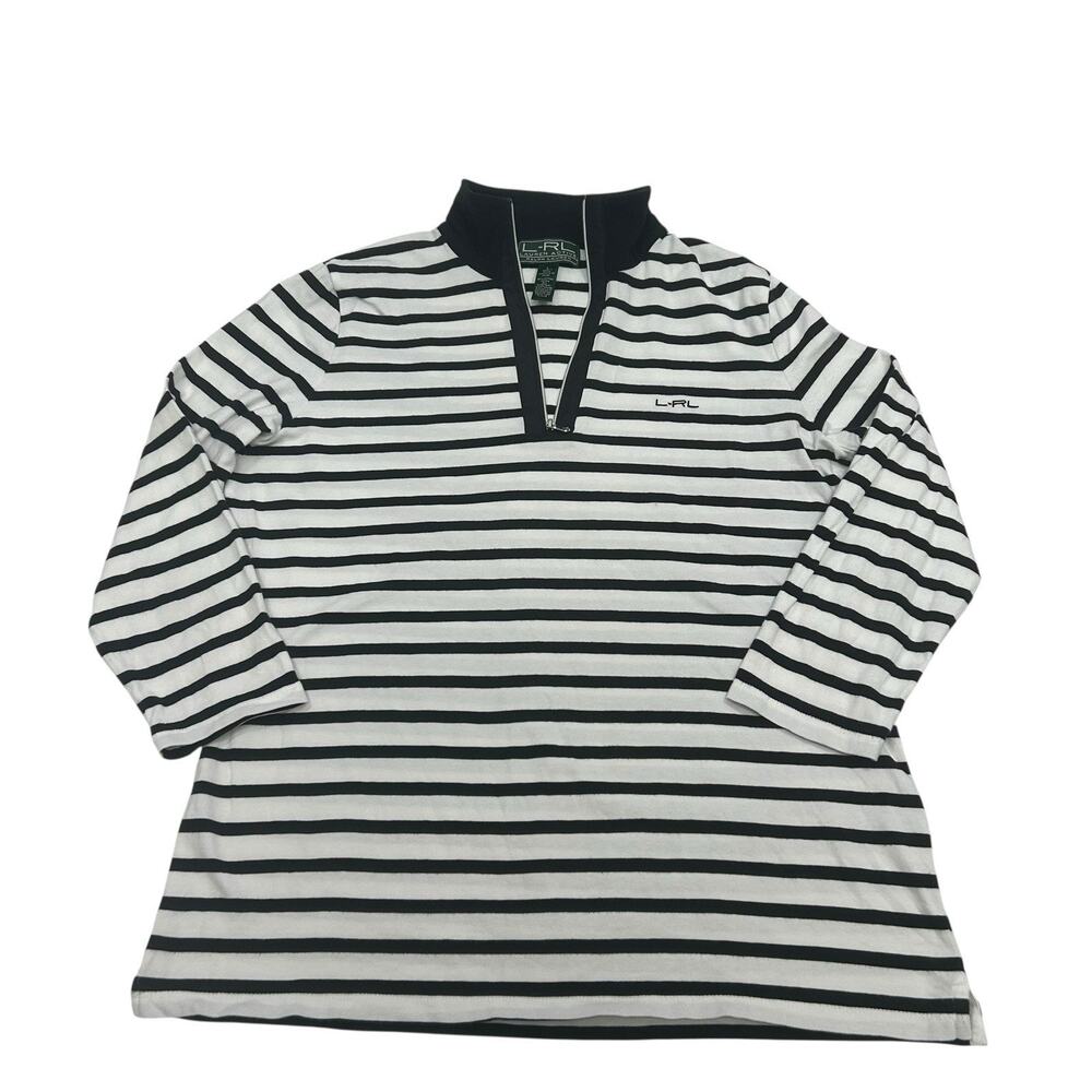 L-RL Lauren Active 1/4 Zip Mock Neck Stripe Top White Black Sz L Pickleball Golf - Picture 2 of 11